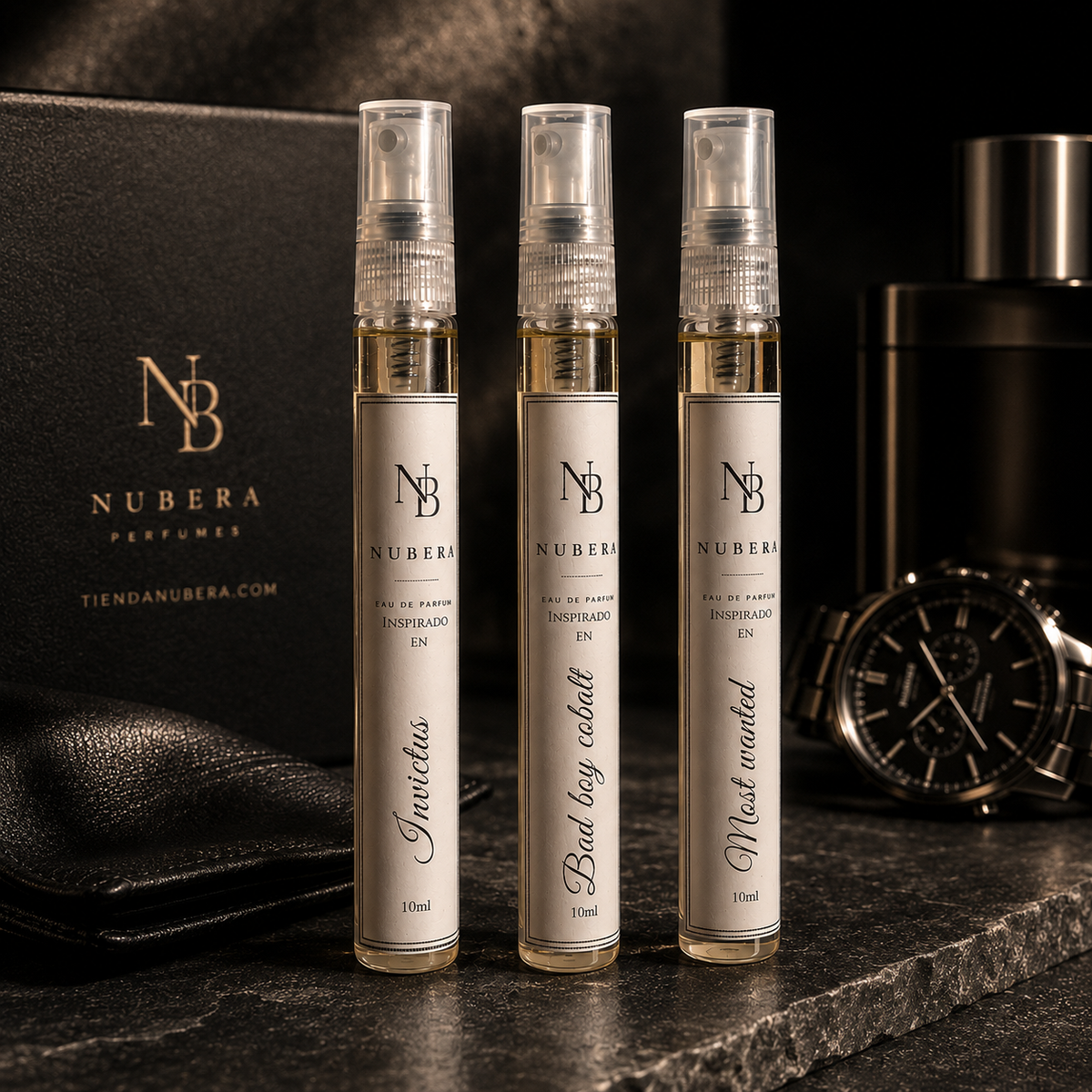 Trío Signature EDP 10ml – Inspirado en Invictus, Bad Boy Cobalt, Most Wanted – Nubera Perfumes, perfumería vegana y cruelty-free