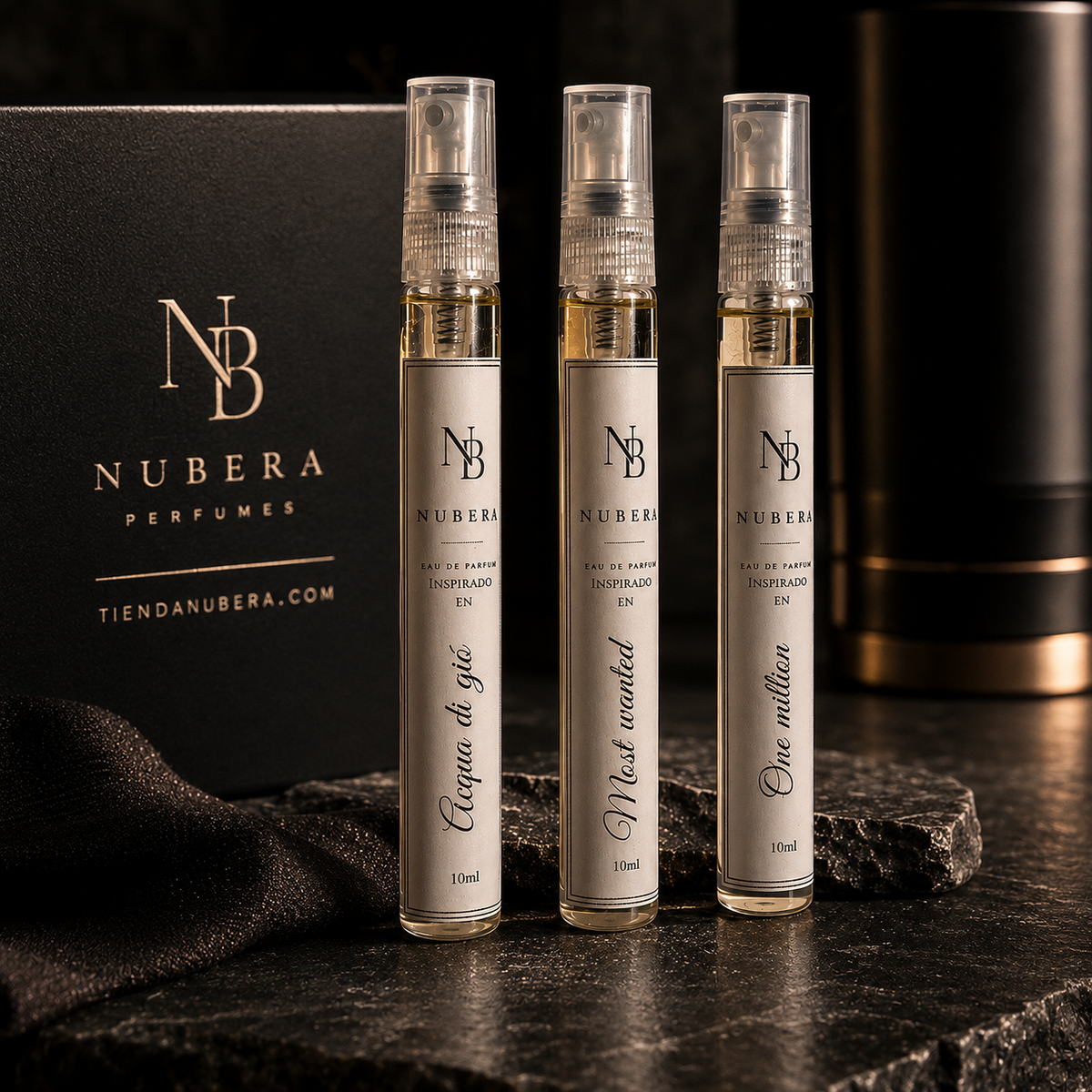 Trío Signature EDP 10ml – Inspirado en Acqua di Giò, Most Wanted, One Million – Nubera Perfumes, perfumería vegana y cruelty-free